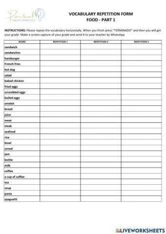 Vocabulary repetition form - food - part 1