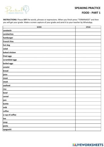 Speaking practice - food - part 1