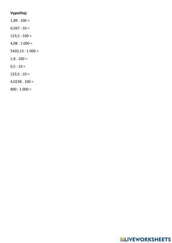 Násobenie a delenie desatinného čísla 10,100,1000