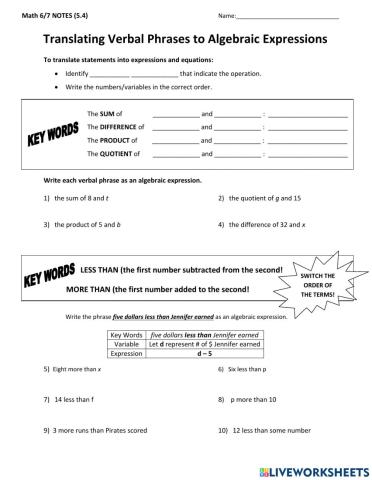 Translating Algebraic Expressions - Equations