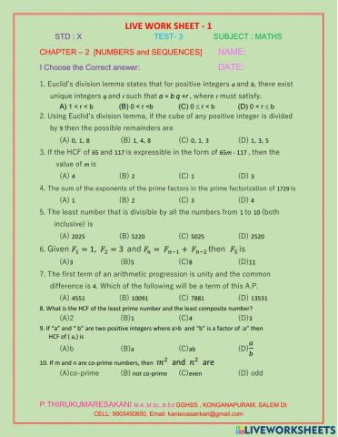 X STD 2 NUMBERS and SEQUENCES