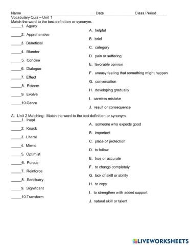 6th Grade A+ Unit 1 Vocabulary