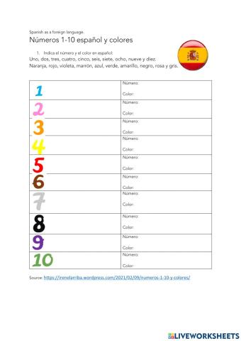 Números 1-10 colores español