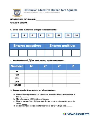 Los números enteros: Representación y relación de orden