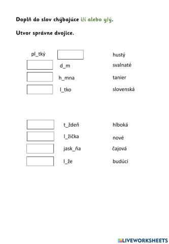 Doplň do slov chýbajúce i-í alebo y-ý a utvor dvojice
