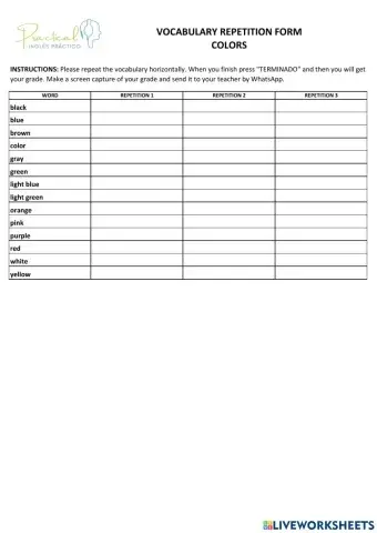 Vocabulary repetition form - colors