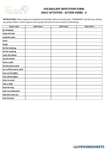 Vocabulary repetition form - daily activities - 3