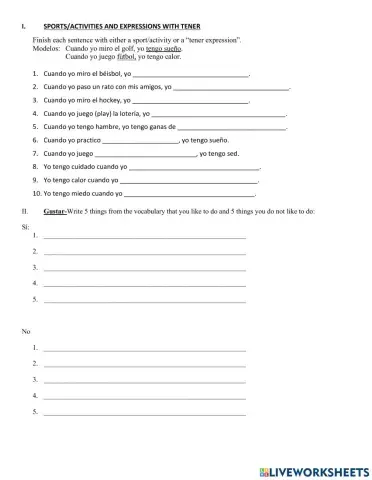 Activity & Sports Practice (tener-gustar)