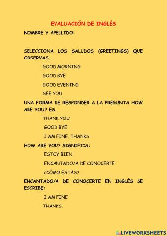 Evaluación de inglés