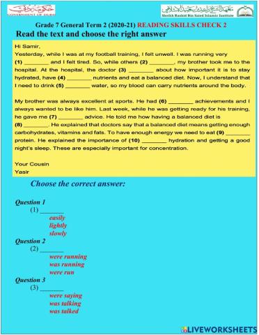Grade 7 General Term 2 (2020-21) READING SKILLS CHECK 2