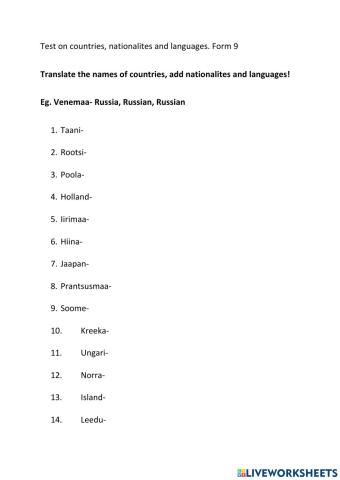 Countries, nationalities, languages