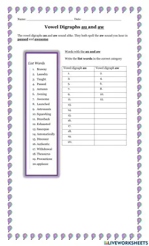 Vowel Digraphs au and aw