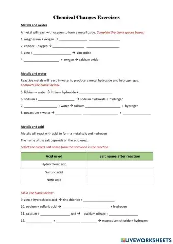 Chemical Changes Exercises