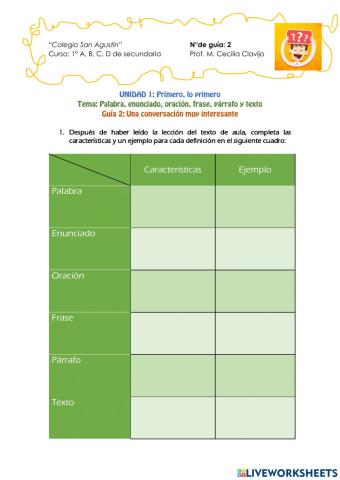 Guía N°2: Palabra, enunciado, oración, frase, párrafo y texto