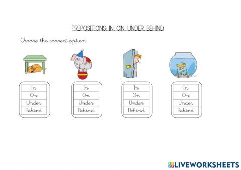 Prepositions: in, on, under, behind