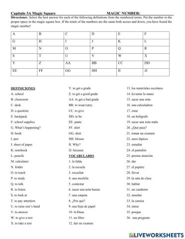 Asi Se Dice. Ch. 3 Vocab Magic Square