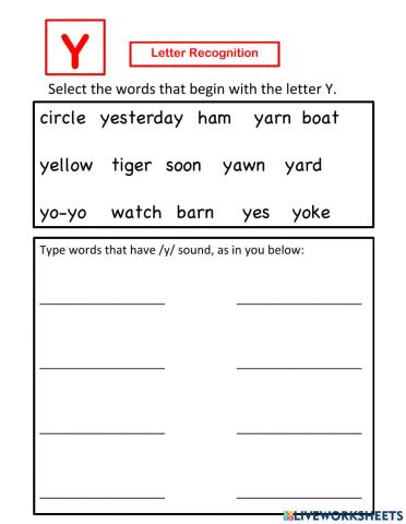 Letter Y recognition - Select and Write