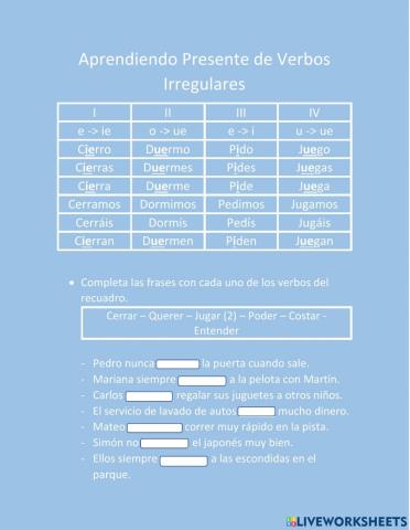Aprendiendo Presente de Verbos Irregulares