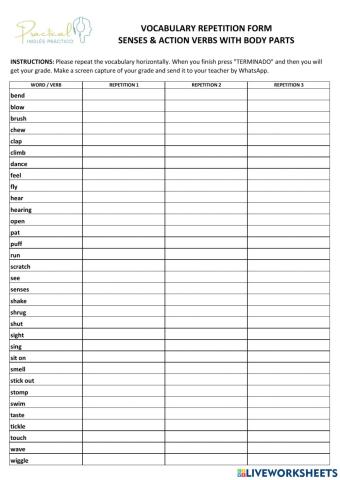 Vocabulary repetition form - senses & action verbs with body parts