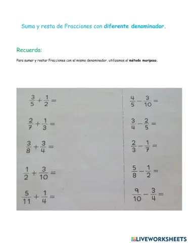 Suma y resta de fracciones con diferente denominador