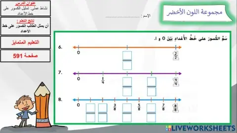 اللون الاخضر تمايز الكسور على خط الاعداد