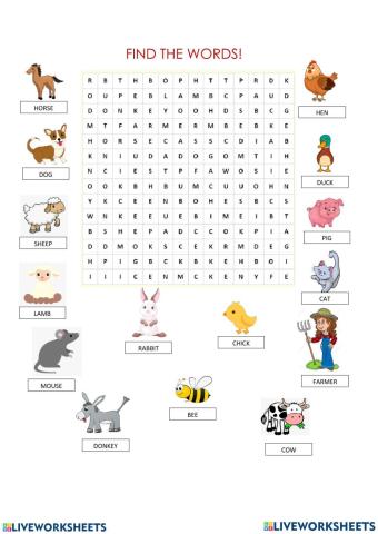 Farm animals wordsearch