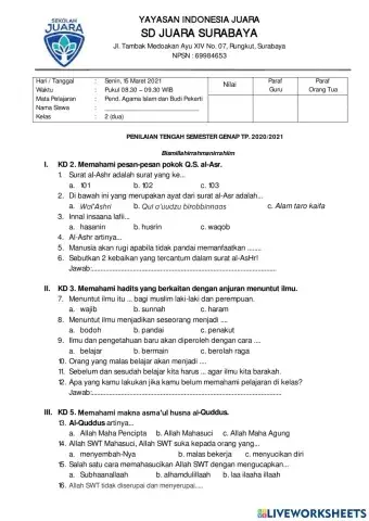 Pts pai kelas 2 semester genap tp 2020-2021 sd juara surabaya