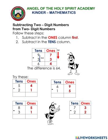 Subtraction 2-digit number without regrouping