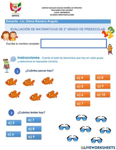 Evaluación de matemáticas de Preescolar