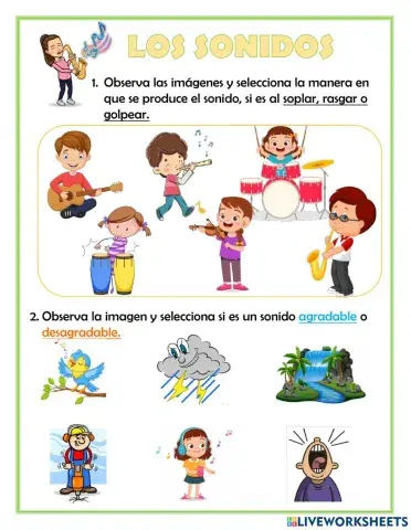 Sonidos (soplar, rasgar, golpear)