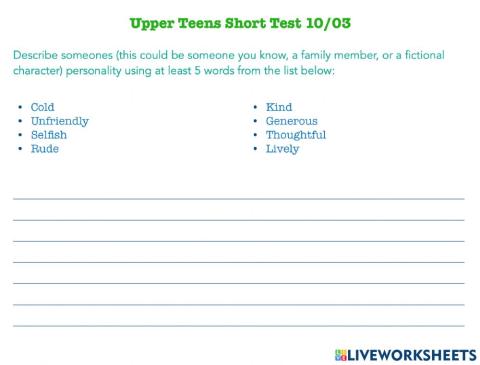 Upper Teens Short Test 10-03
