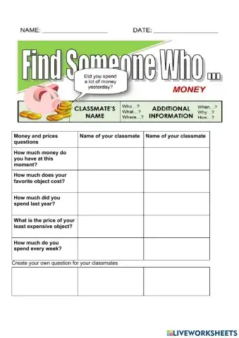 Find someone who money questionare