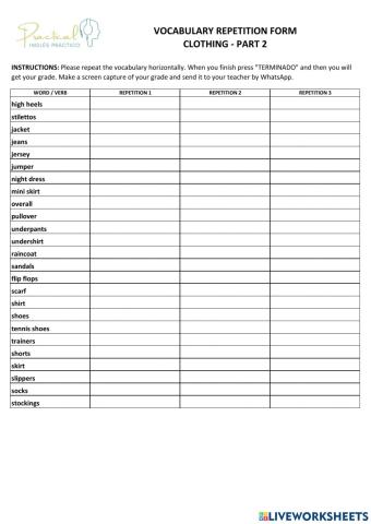 Vocabulary repetition form - clothing - part 2
