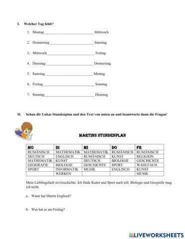 Wochentage, Schulfächer