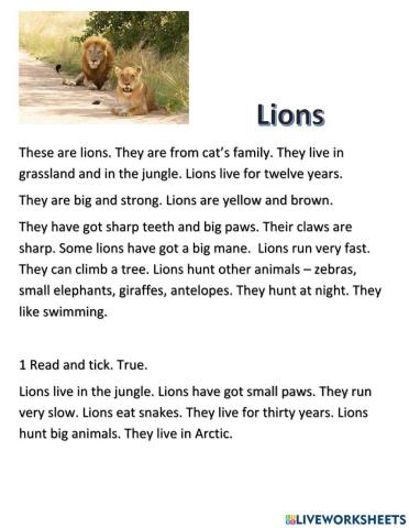 Reading comprehension. Animals.