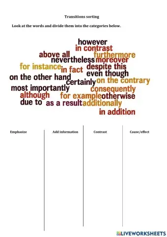 Transition words - sorting task