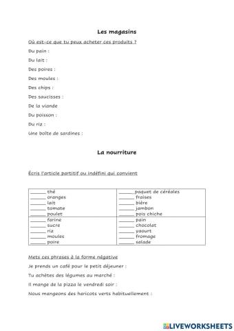 Les magasins, partitifs et nourriture