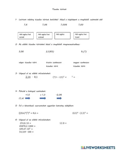 Műveletek tizedes törtekkel