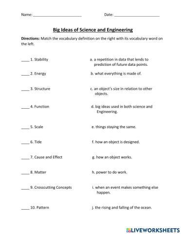 Big Ideas of Science and Engineering Vocabulary Test
