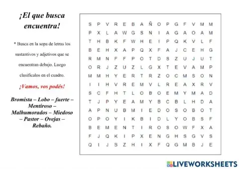 Sopa de letras adjetivos y sustantivos