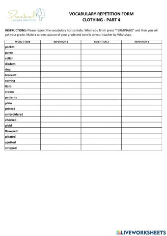 Vocabulary repetition form - clothing - part 4