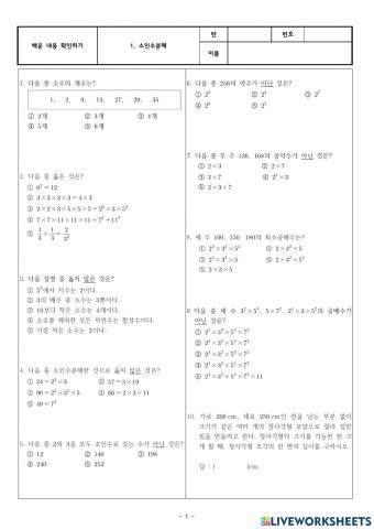 중1 소인수분해 중단원평가
