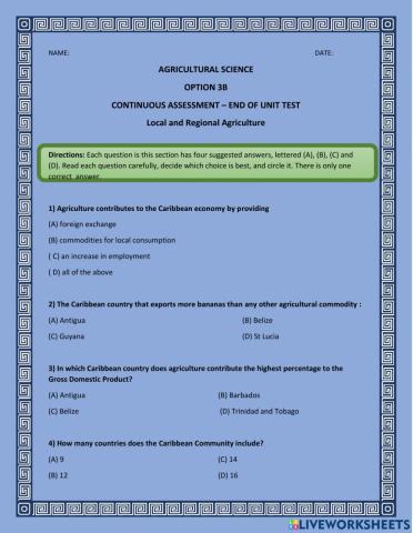 Agriculrutal science end of unit test