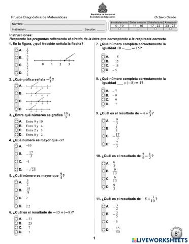 Preueba diagnostica matematicas octavo grado