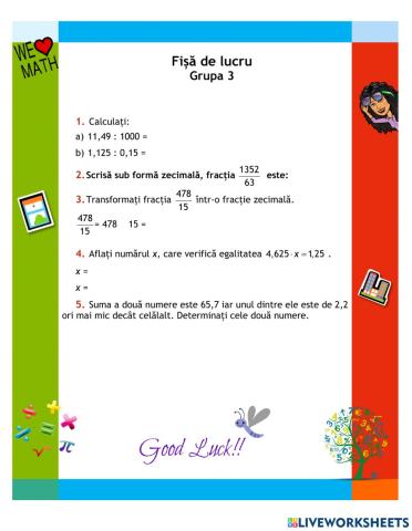 Fișa de lucru nr. 3 - Împărțirea fracțiilor zecimale (12.03)