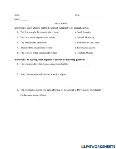 Arawak's Worksheet