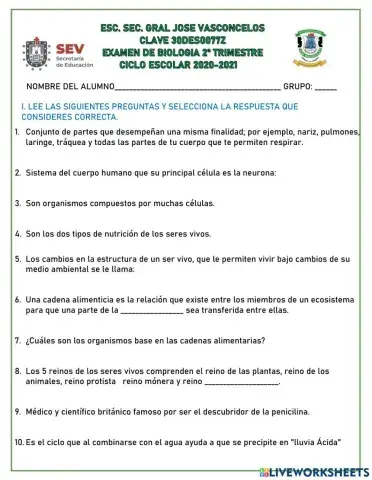 Examen Biología Primer Grado