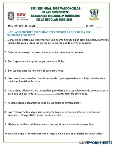 Examen Biología Primer Grado
