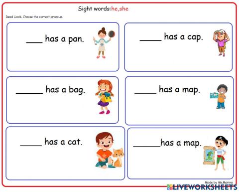 Sight words:He,she
