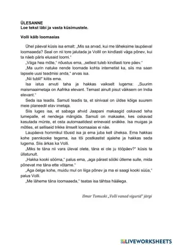 Lugemistest  -Volli käib loomaaias-